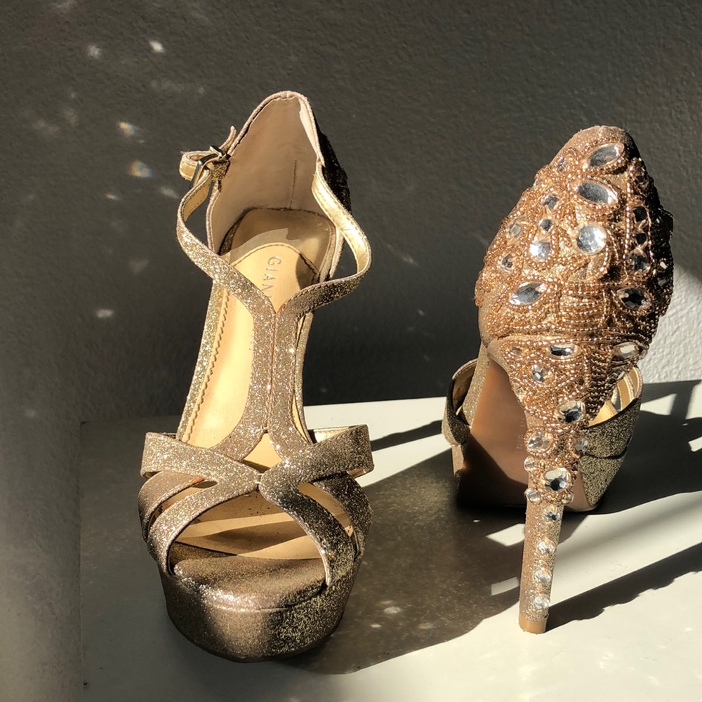 Jewl Embroidered Gold Platform Heels